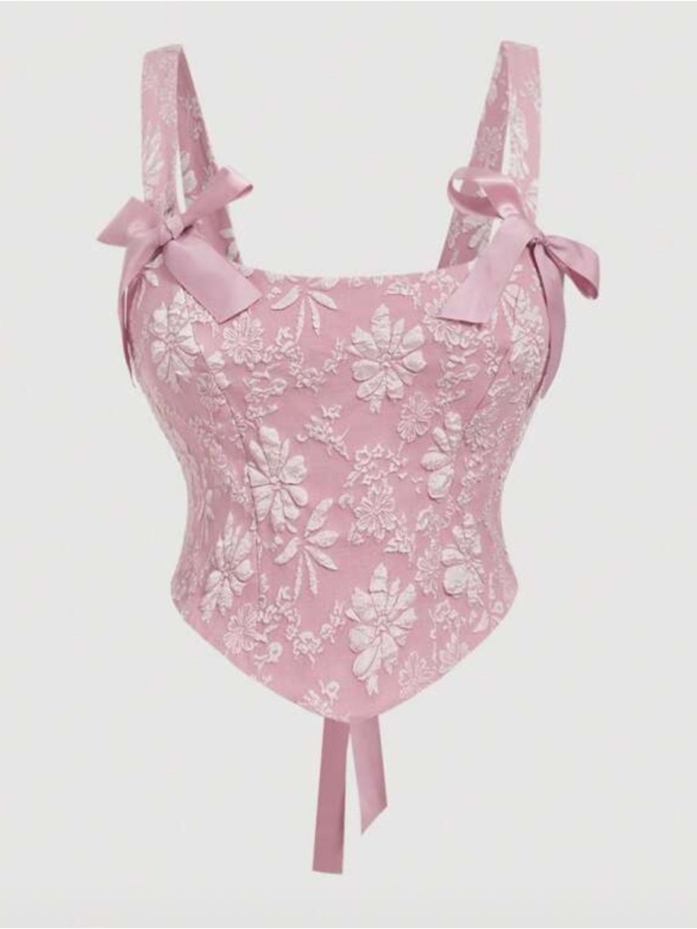 Pink Floral Embroidered Ribbon Strap Corset Top